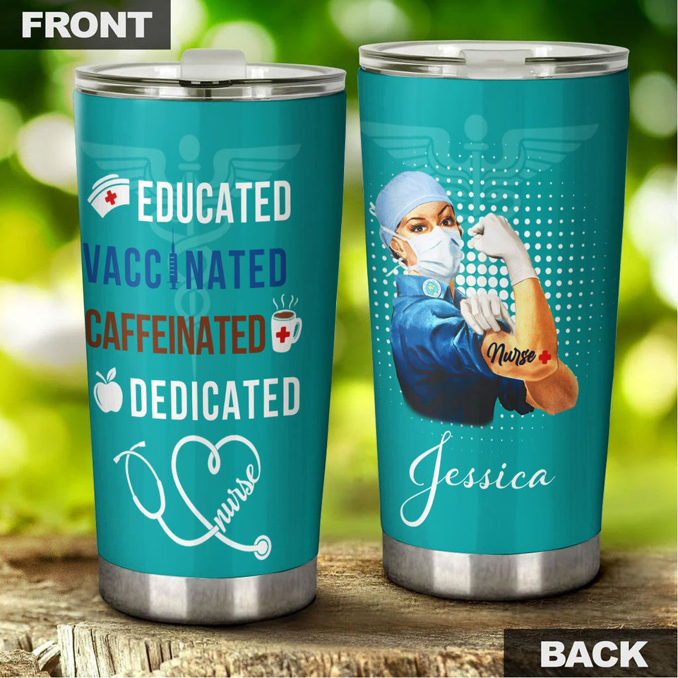 Camellia Personalized Nurse Educated Vaccinated Caffeinated Dedicated Stainless Steel Tumbler - Double-Walled Insulation Vacumm Flask - Gift For Nurse, Christmas Gift, International Nurses Day