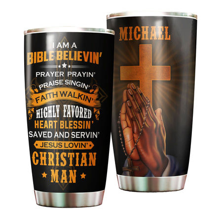 Camellia Personalized I Am Bible Believin Stainless Steel Tumbler-Double-Walled Travel Therma Cup With Lid