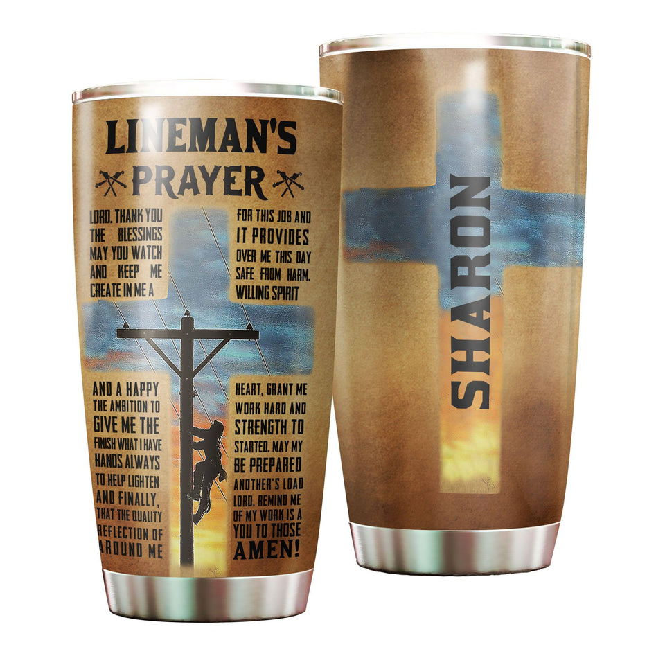 Camellia Personalized Faith Lineman's Prayer Stainless Steel Tumbler-Double-Walled Insulation Travel Cup With Lid