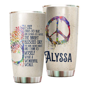 Camellia Personalized What A Wonderful World Hippie Style Stainless Steel Tumbler-Double-Walled Insulation Travel Cup With Lid 01