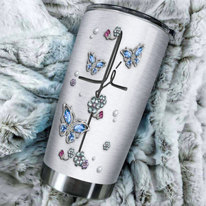Camellia Personalized Butterfly Jewelry Style Christian Cross Stainless Steel Tumbler - Double-Walled Insulation Vacumm Flask - For Thanksgiving, Memorial Day, Christians, Christmas Gift
