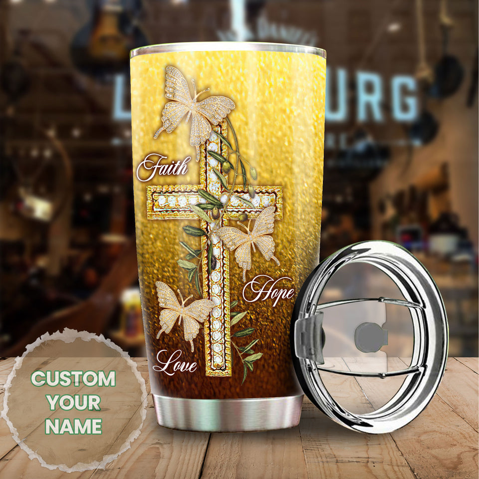 Camellia Personalized Butterfly Faith Hope Love Cross Stainless Steel Tumbler - Double-Walled Insulation Vacumm Flask - For Thanksgiving, Memorial Day, Christians, Christmas Gift