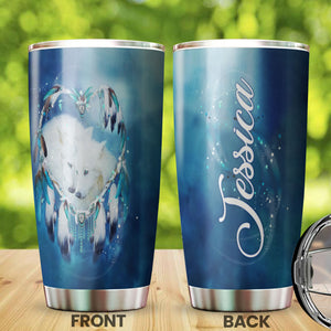 Camellia Persionalized 3D White Wolf Couple Stainless Steel Tumbler - Customized Double - Walled Insulation Travel Thermal Cup With Lid Gift For Couple Lover Husband Wife