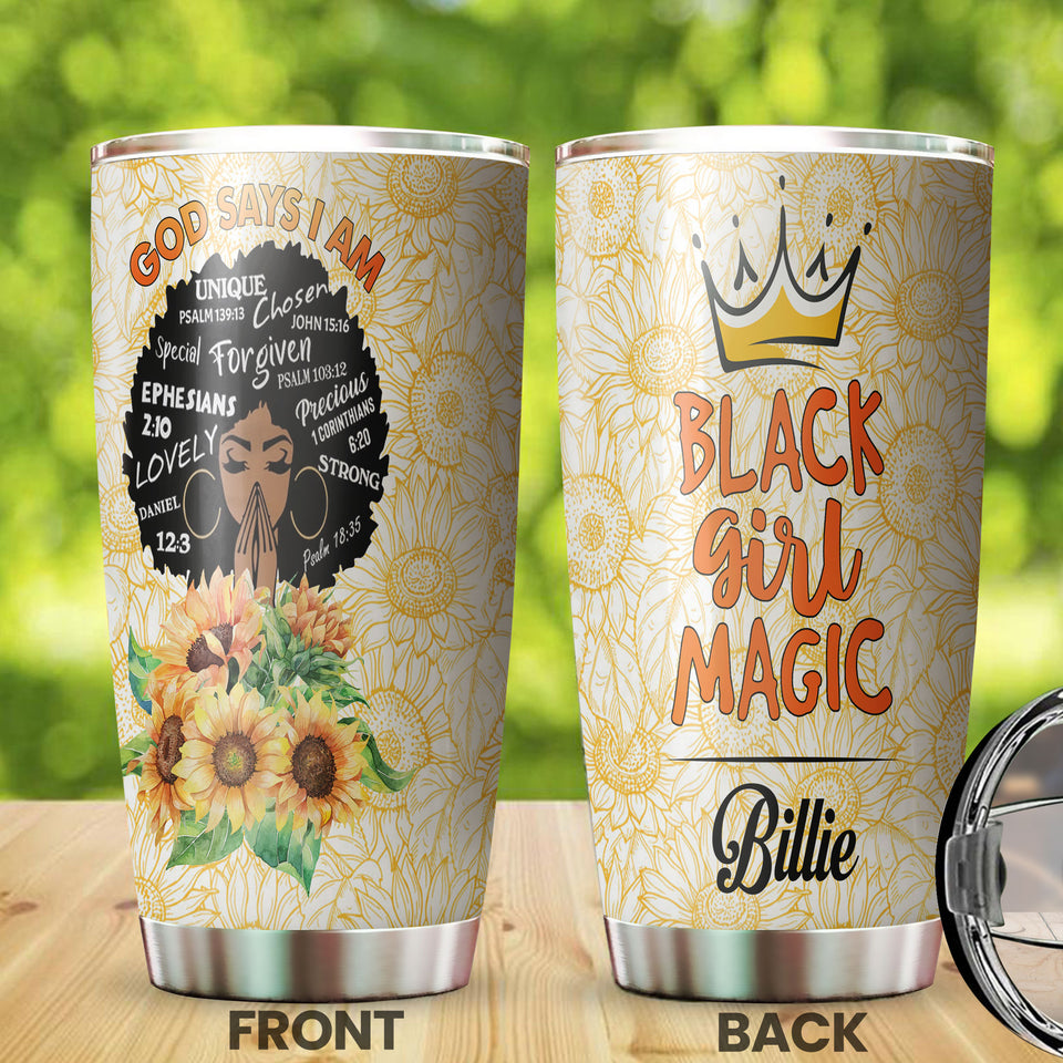 Camellia Persionalized 3D Black Girl Magic Stainless Steel Tumbler - Customized Double - Walled Insulation Travel Thermal Cup With Lid Gift For Black Queen Christian