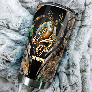 Camellia Persionalized 3D Deer A Country Girl Can Survive Stainless Steel Tumbler - Customized Double - Walled Insulation Travel Thermal Cup With Lid