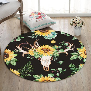 Skull Living Room Round Mat Circle Rug Skull Sunflower 02038