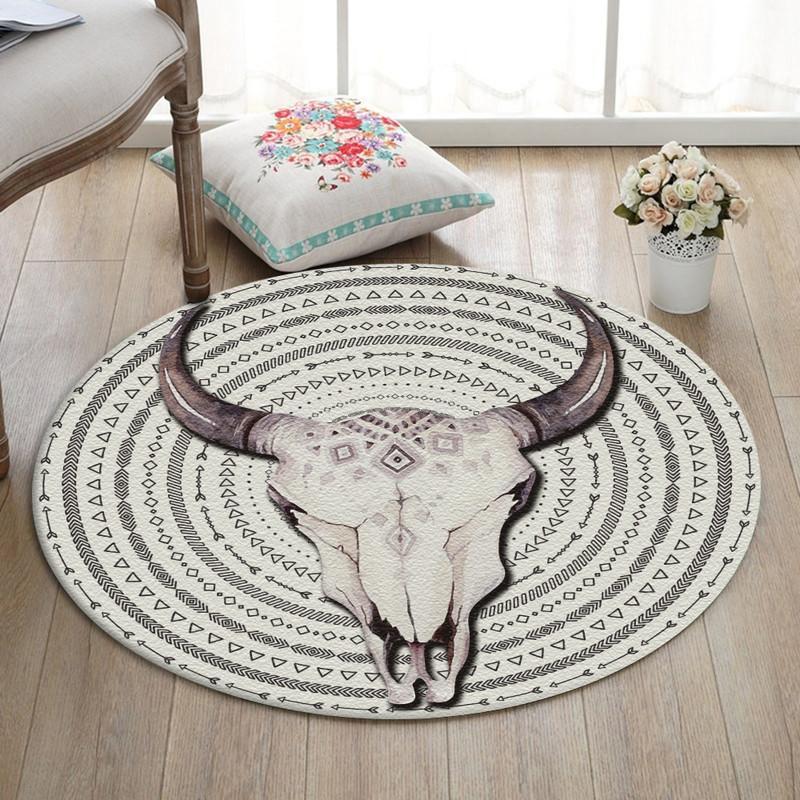 Bull Skull Cow Girl Wild West Living Room Round Mat Circle Rug 06870