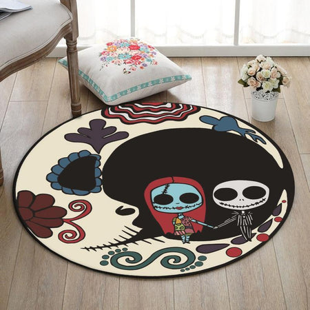 Skull Living Room Round Mat Circle Rug Skull Sunflower Jack Sally 02001