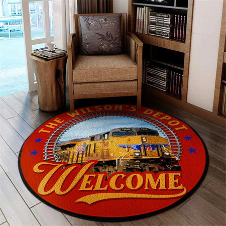 Personalize Unionpacific Train Depot Welcome Living Room Round Mat Circle Rug 05253