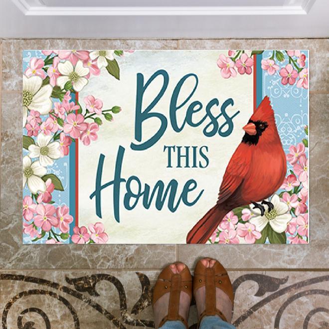 Bless This Home Cardinal Bird Indoor Outdoor Doormat Floor Mat