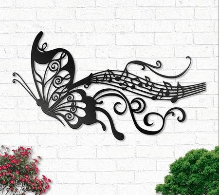 Butterfly And Melody Notes Music - Metal House Sign