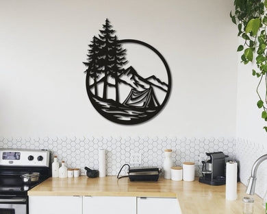 Camping In The Forest (Circle) | Wall Art Decor - Cut Metal Sign