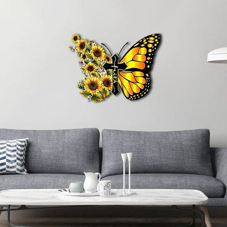 Monarch Butterfly Sunflower Faith Christian Cross Jesus 2 - Decor Wall Art - Cut Metal Sign