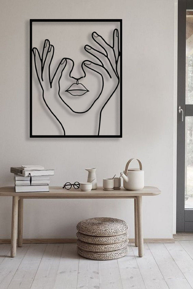 Hand On Face Metal Wall Art | Female One Line | Minimal Wall Decor | Wall Art - Cut Metal Sign