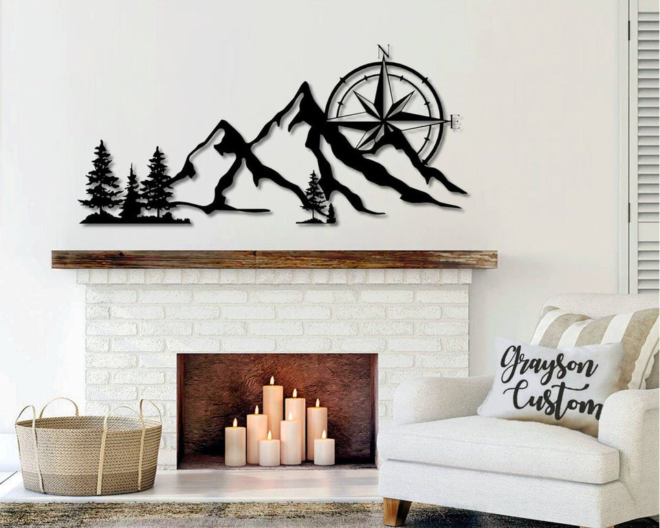 NE Compass Rose Mountain Scene Camping - Cut Metal Sign