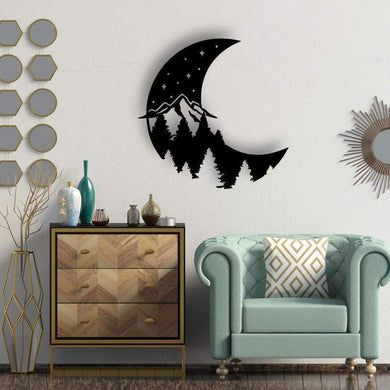 Moon And Forest Mountain Decor Wall Art - Cut Metal Sign