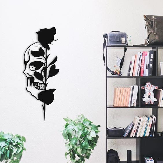 Half Skull And Rose Wall Art Decor - Cut Metal Sign