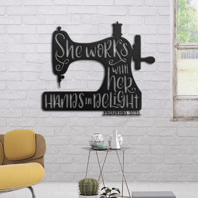 Sewing Lovers She Works With Her Hands In Delight Metal Wall Art