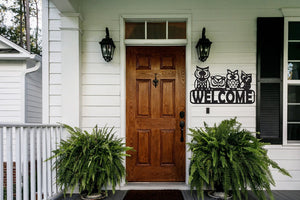 Welcome Front Door Home Decoration With Owls - Cut Metal Sign