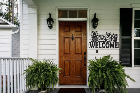 Welcome Front Door Home Decoration With Owls - Cut Metal Sign