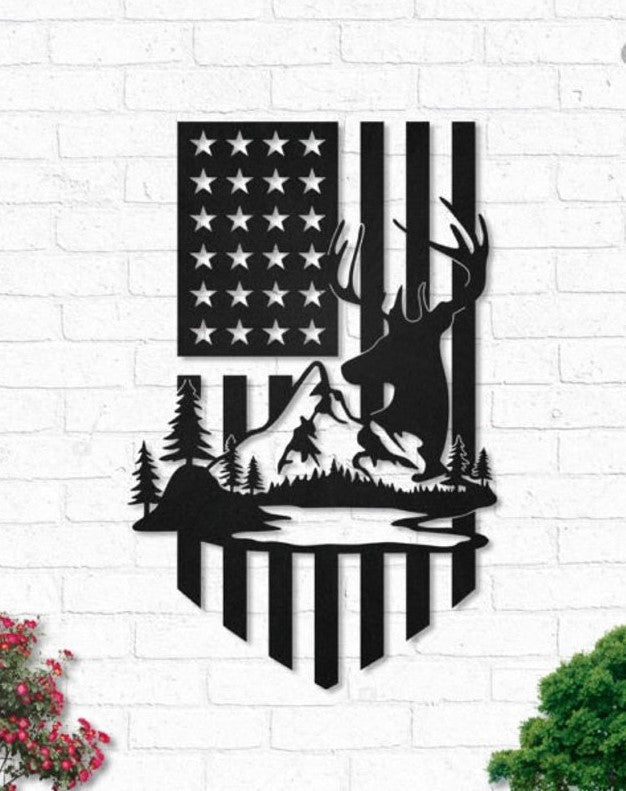 Hunting Deer and mountain American flag- Cut Metal Sign