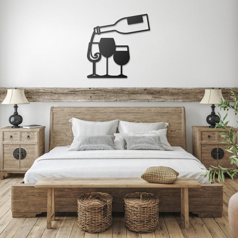 Wine bottle and glasses Metal House Sign