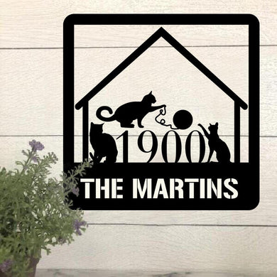 Three Cats Personalized Metal House Sign