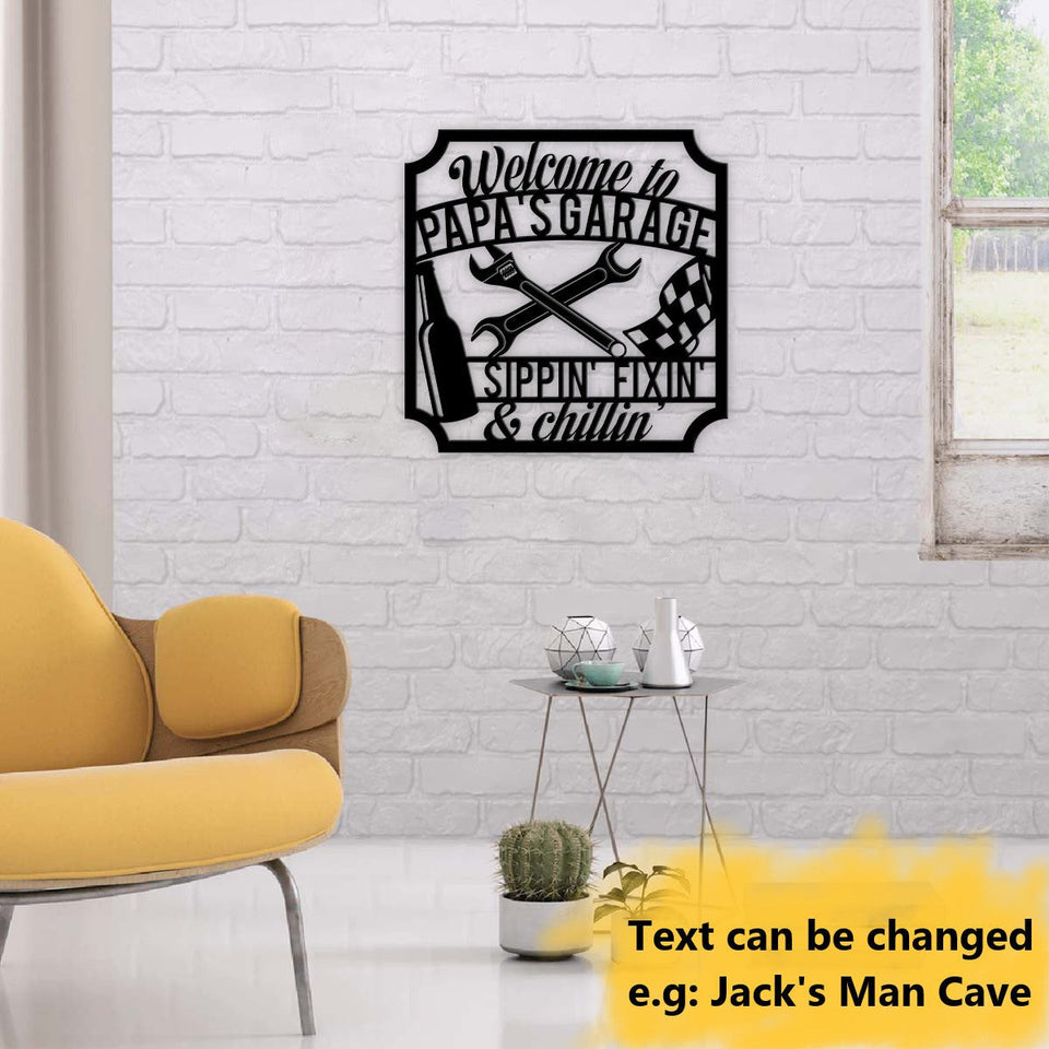 Papa's Garage Sippin' Fixin' Chillin' Customized Name Metal Wall Art
