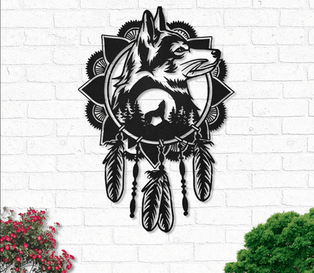 Native Wolf Dream Catcher - Metal House Sign