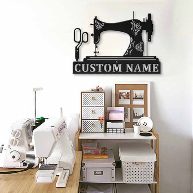 Personalized Name Sewing Machine And Sewing Scissors Metal House Sign