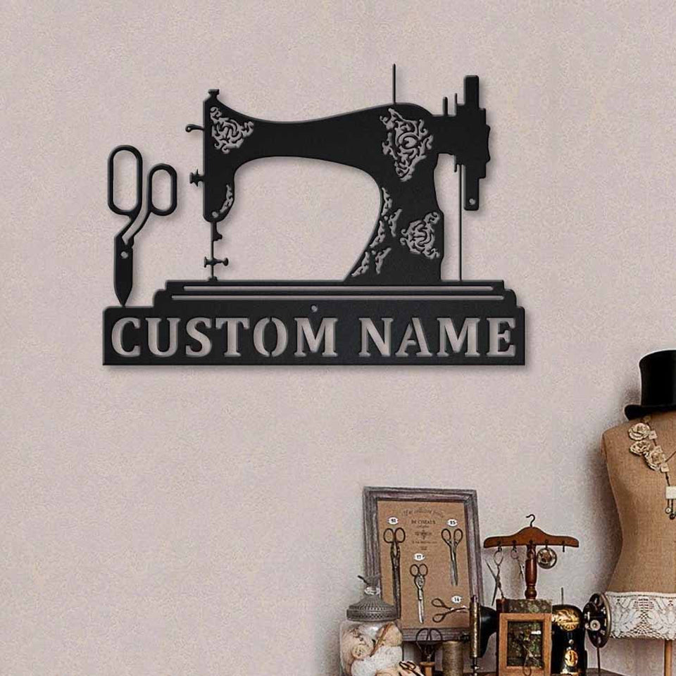 Personalized Name Sewing Machine And Sewing Scissors Metal House Sign