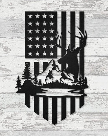 Hunting Deer and mountain American flag- Cut Metal Sign