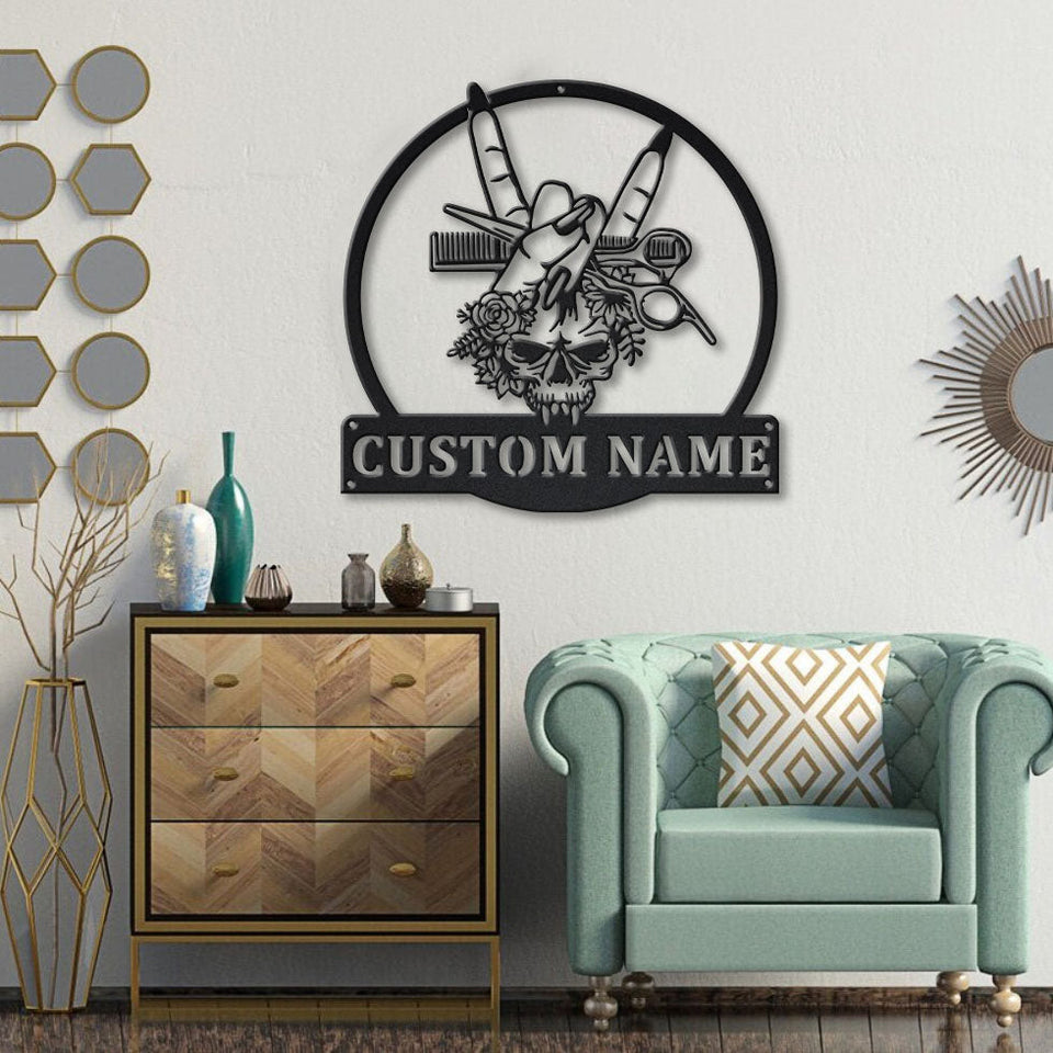 Hair Hustler Skull Flower - Personalized Metal House Sign