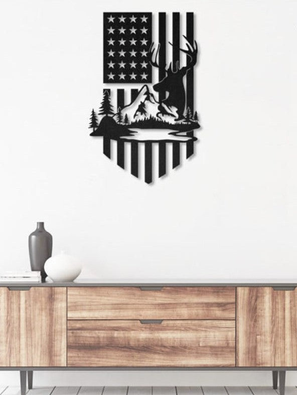 Hunting Deer and mountain American flag- Cut Metal Sign