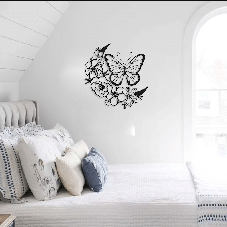 Butterfly And Floral Moon - Cut Metal Sign