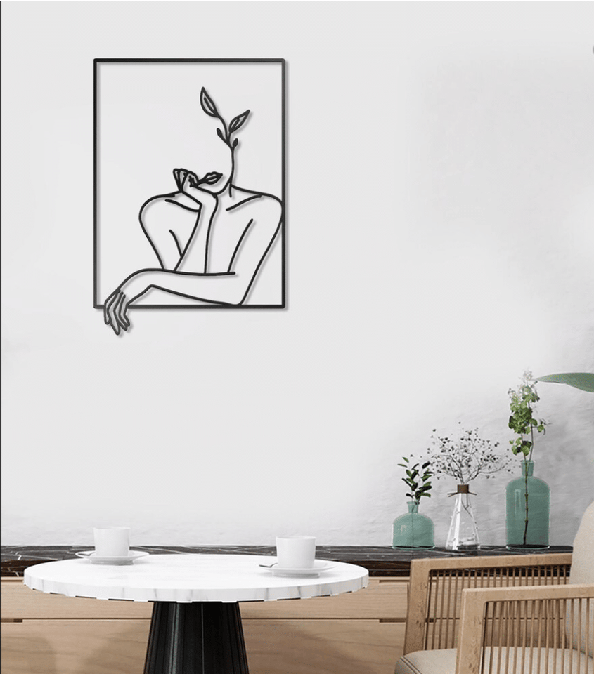 Woman Face Leaf Line Art - Metal House Sign