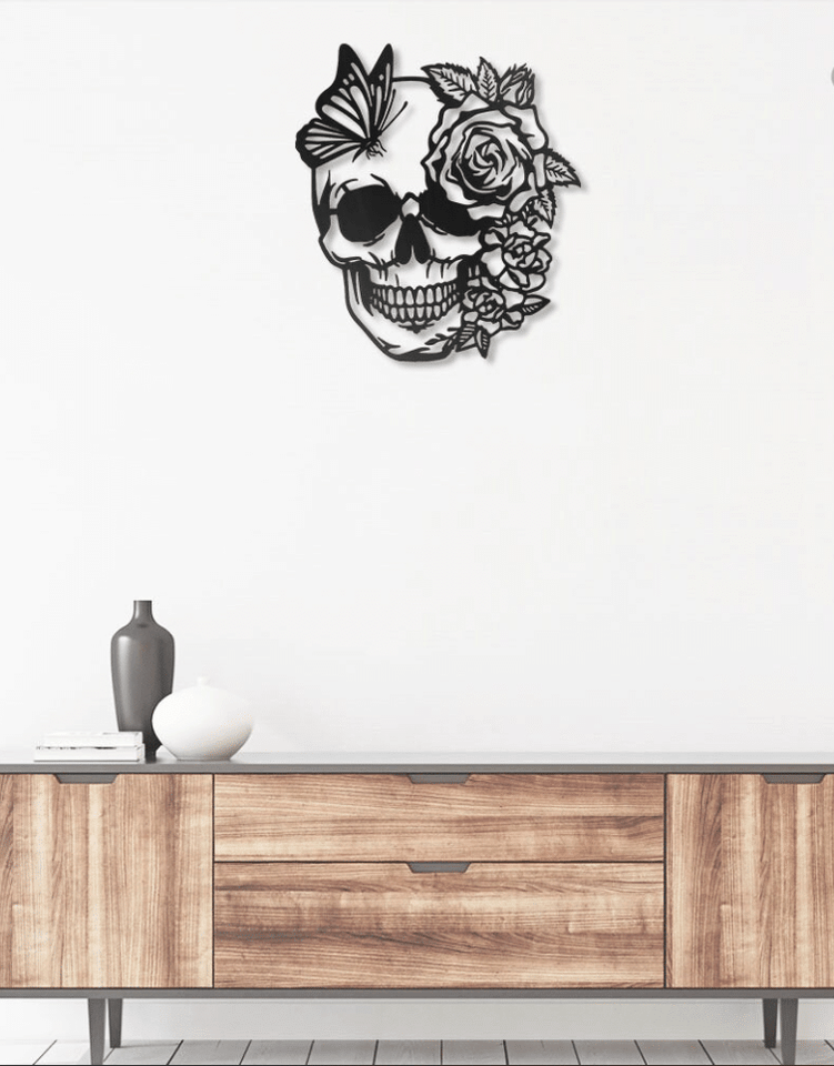 Flower Butterfly Skull - Metal House Sign