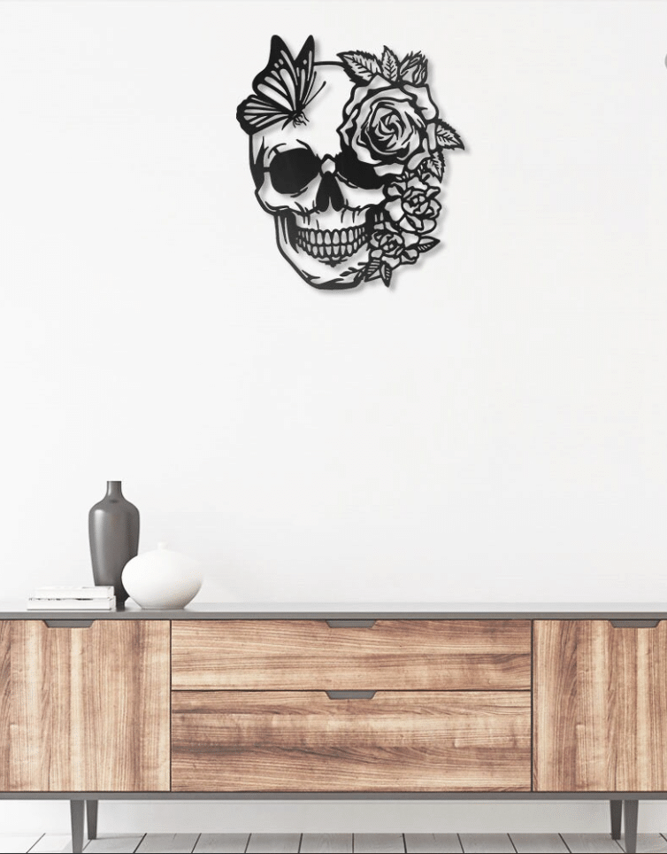 Flower Butterfly Skull - Metal House Sign