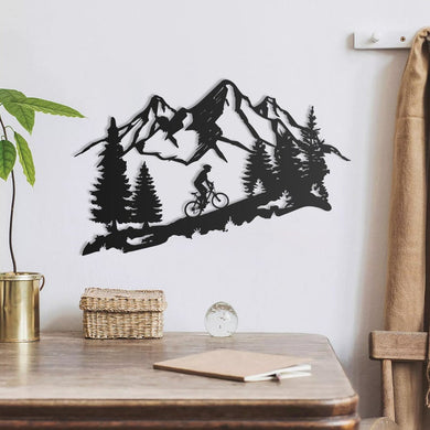Mountain Tree and Cyclist Biker | Wall Art Decor - Cut Metal Sign