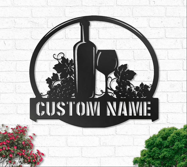 Wine bottle glasses grapes personalized Metal House Sign