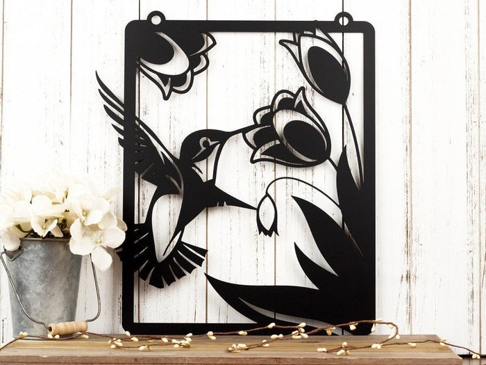 Hummingbird In Floral Garden - Metal House Sign