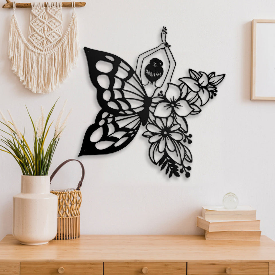Ballet Lovers Ballerina Flying With A Floral Butterfly Wing Flower | Wall Art Decor - Cut Metal Sign