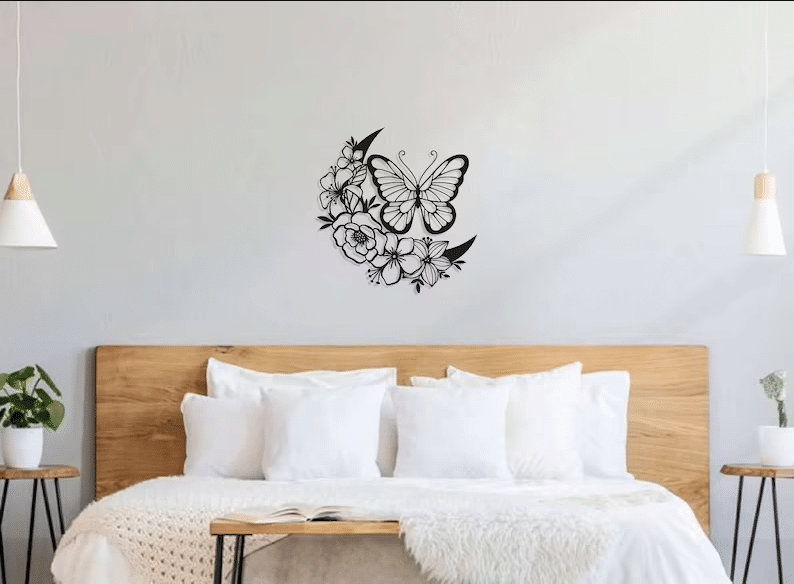 Butterfly And Floral Moon - Cut Metal Sign
