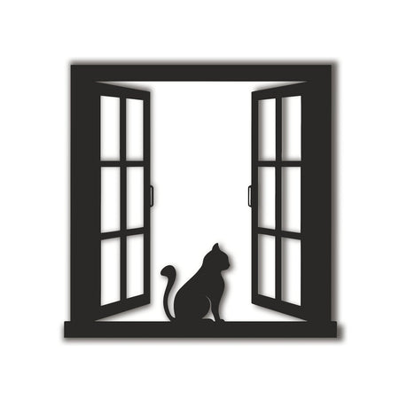 Cat Looking Out The Open Window | Wall Art Decor - Cut Metal Sign