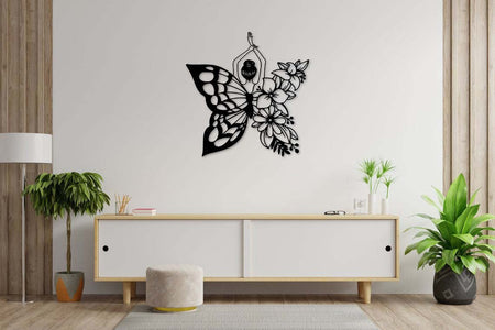 Ballet Lovers Ballerina Flying With A Floral Butterfly Wing Flower | Wall Art Decor - Cut Metal Sign