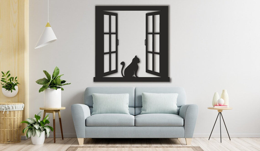 Cat Looking Out The Open Window | Wall Art Decor - Cut Metal Sign