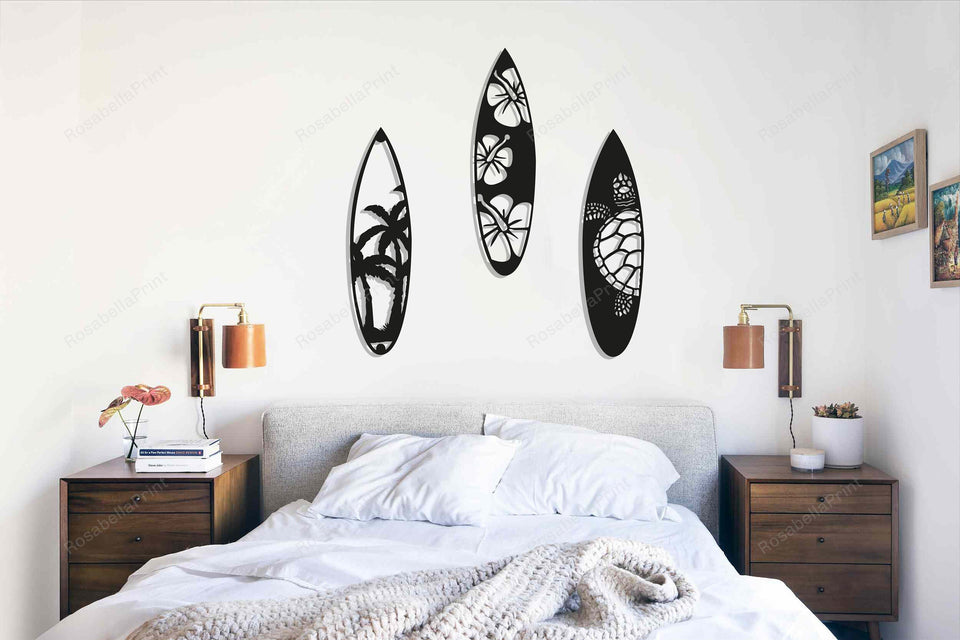Surf Board Palm Tree Metal Wall Art, 3 Piece Surf Board , Gift For Surfers, Beach House Decor, Summer House Wall Art,, Metal Laser Cut Metal Sign Surf Board Personalized Bathroom Signs Nice Garage Signs For Men Funny