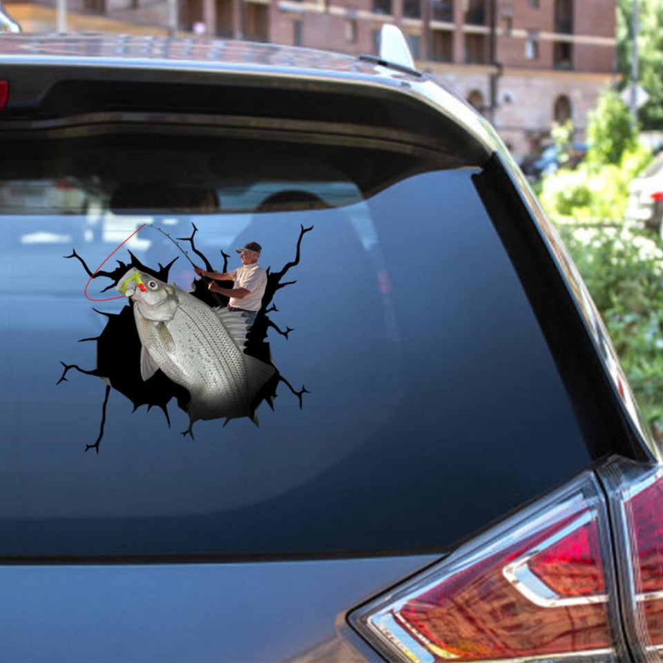 White Bass Fish Crack Sticker For Car Fishing Decal Window SUV Gift For Men Women Fishing Lover