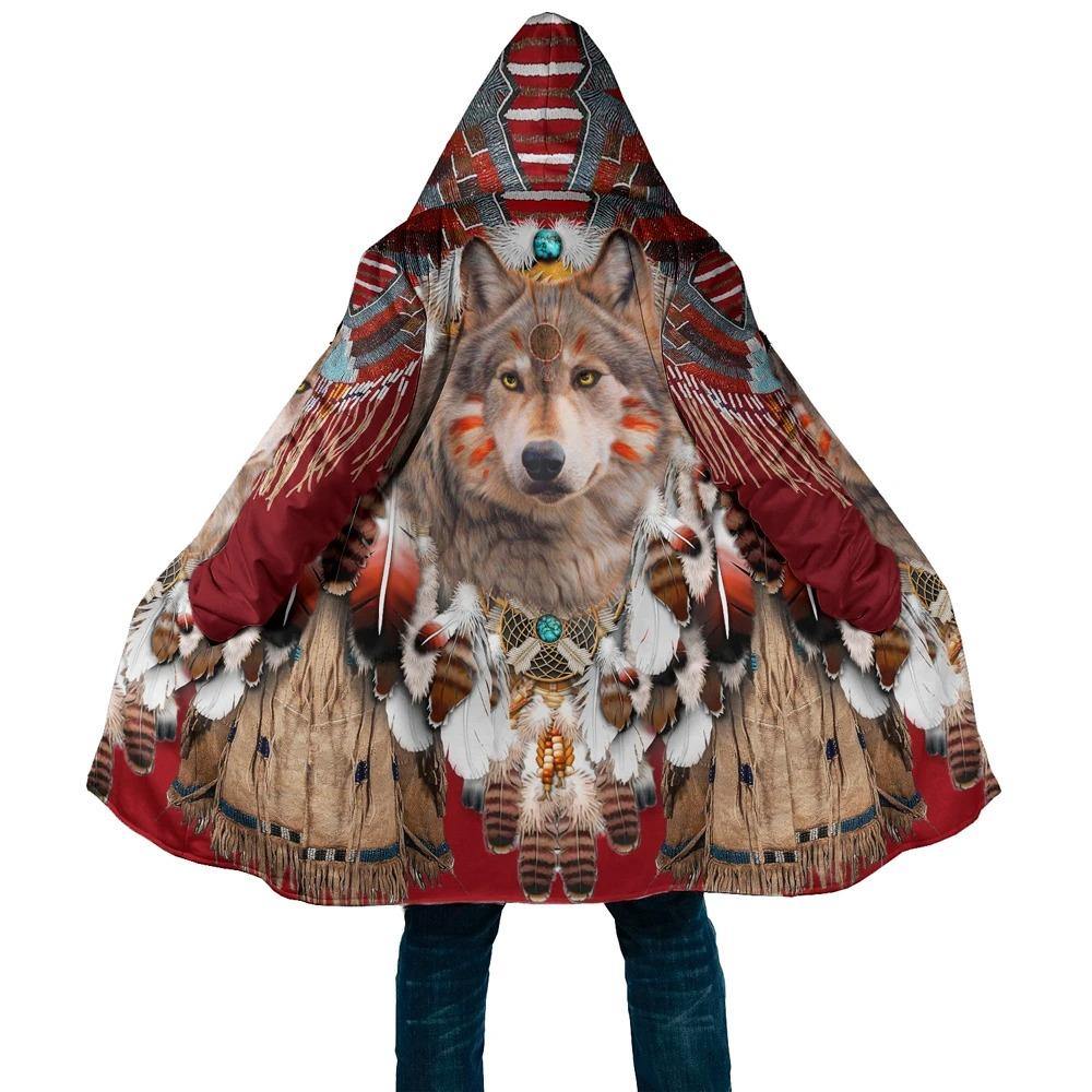Native American Red Wolf King Hoodie Coat HC1028 - Camellia Print