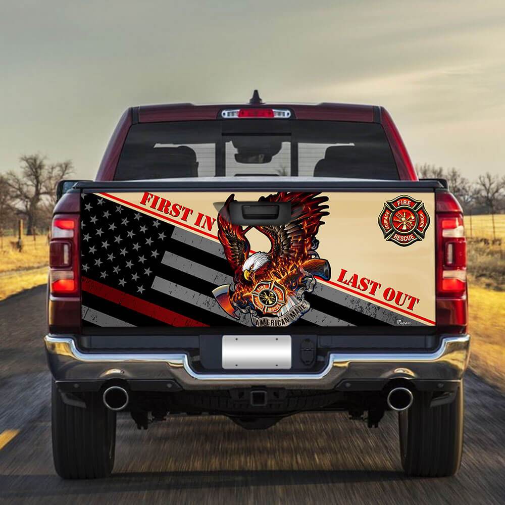 Firefighter truck Tailgate Decal Sticker Wrap First In Last Out Tailgate Wrap Decals For Trucks